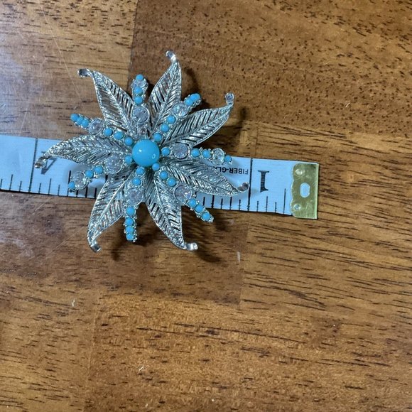Weinman Brothers Silver Tone Faux Turquoise Stones Brooch 3 inch Rhinestones Vtg - Picture 3 of 5
